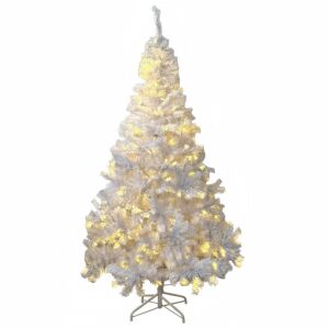 Brad alb artificial iluminat, 195 cm, 360 LED-uri alb cald, 936 ramuri dense, suport metalic 146715317 - Crăciun