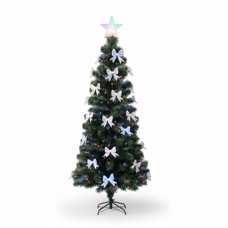 Brad artificial 210 cm, fundite si fibra optica, stea in varf, lumini multicolore, suport metalic, verde
