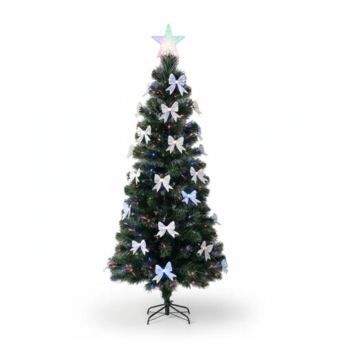 Műfenyő 210 cm, szalagok és optikai szál, csillag a tetején, többszínű fények, fém állvány, zöld 146715360