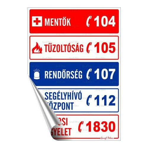 Információs matrica, 25x17,5 cm, "Segélyhívószámok" 146720142