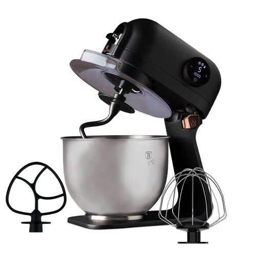 Berlinger Haus BH-9323 stand mixer, black with rose gold accents, with the lid open and the dough hook, whisk, and paddle attachments