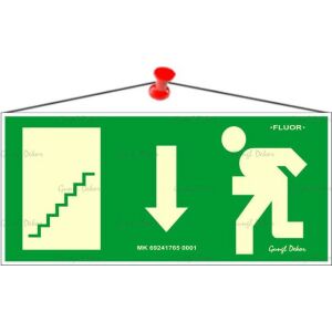 Információs tábla, 25x11,5 cm, fluoreszkáló, utánvilágítós, "Menekülési irány le, lépcső balra" 146720347 - Információs tábla