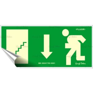 Információs matrica, 25x11,5 cm, fluoreszkáló, utánvilágítós, "Menekülési irány le, lépcső balra" 146721287 - Jelölés & Figyelmeztetés