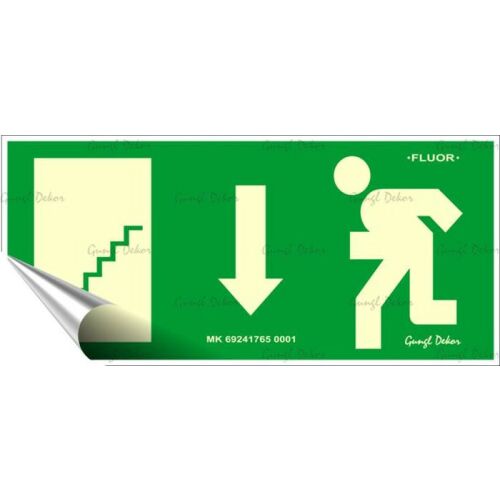 Információs matrica, 25x11,5 cm, fluoreszkáló, utánvilágítós, "Menekülési irány le, lépcső balra" 146721287