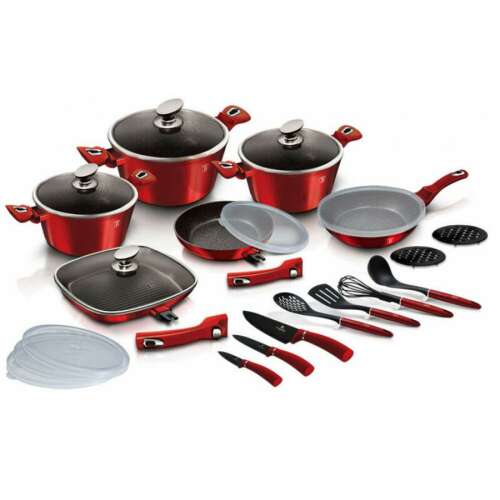 Berlinger Haus BH-7184 24-Piece Cookware Set with Detachable Handle, Red Metallic Finish