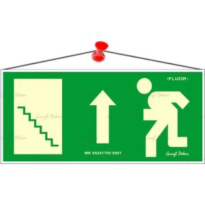 Információs tábla, 25x11,5 cm, fluoreszkáló, utánvilágítós, "Menekülési irány fel, lépcső balra" 146721369 - Információs tábla