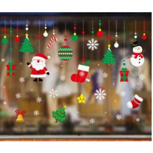 Karácsonyi sztatikus ablakmatrica - Színes karácsonyfa díszek télapó, hóember, fenyőfák 146721722 - Ablakmatrica