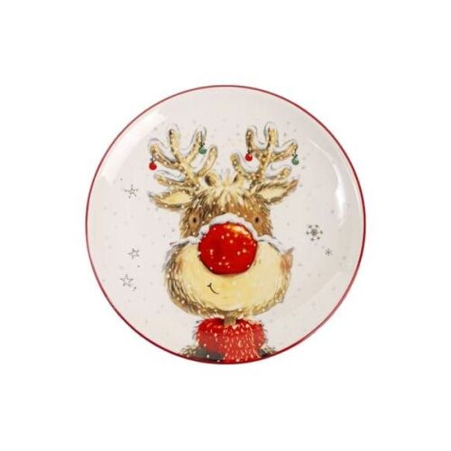 Rudolf rénszarvasos karácsonyi kerámia lapostányér - 21 cm