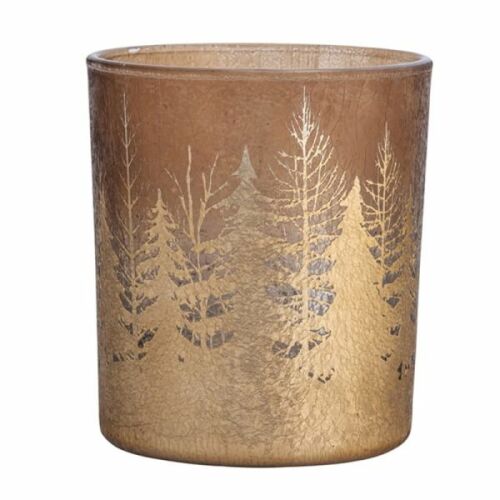 Karácsonyi üveg mécsestartó - 10x9 cm - arany fenyőerdős