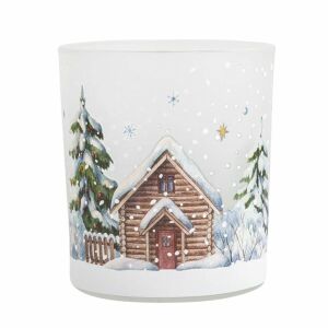 Téli - karácsony üveg mécsestartó - 10x9 cm - erdei ház havas erdőben 146727303 - Mécsestartó