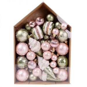 Komplett karácsonyfadísz készlet - 58 darabos kartondobozban - pasztell zöld/rózsaszín 146727368 - Karácsonyfadísz