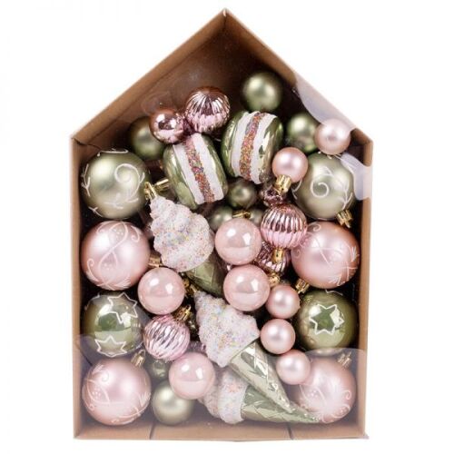 Komplett karácsonyfadísz készlet - 58 darabos kartondobozban - pasztell zöld/rózsaszín