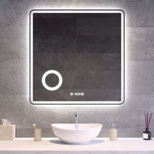Fürdőszobai LED tükör 80x80cm | Páramentesítő - Kozmetikai tükör - Fényerő + színhőfok állítás - Digitális óra | Welland Luxury-Line G795