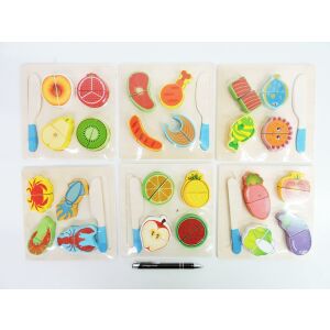 AST. Fa fából készült élelmiszer-rakó játék, 6 mintával, 5 elem, fólia