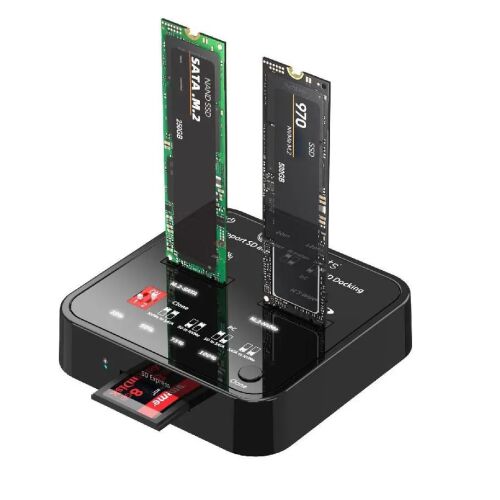 CoreParts USB3.2 Type-C (10Gbps) M.2 SATA/NVMe SSD klónozó dokkoló SD express kártyaolvasóval - Dobozban USB-C kábel, tápegység és felhasználói útmutató