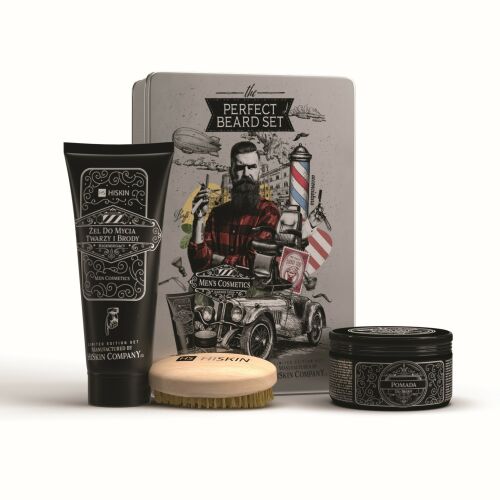 HISKIN_SET A Perfect Beard Set szakállkefe +hajformázó pomade 100ml + hidratáló sampon hajra és szakállra 200ml