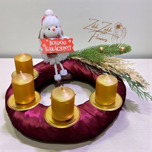 Adventi Koszorú – Bordó-Arany Boldog Karácsonyt Figurával