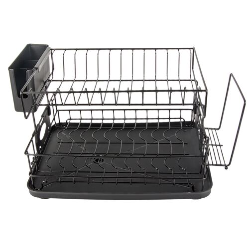 Kétszintes edényszárító alátét tálcával és evőeszköztartóval, 42x30x27,5cm - fekete