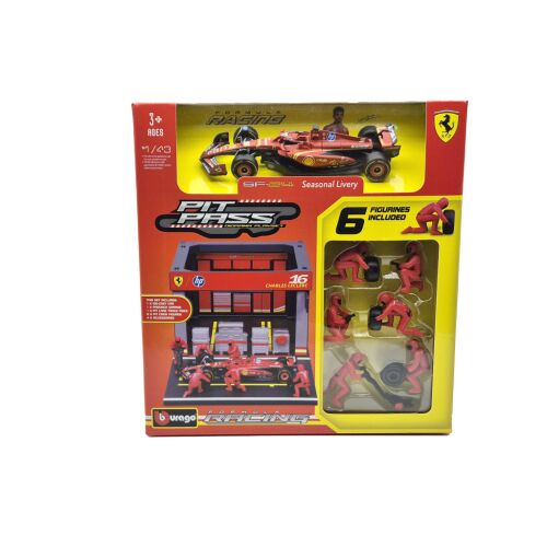 Ferrari Pit Stop - boxutca diorama szett - SF-24 F1 #16 (2024) - Charles Leclerc - szerelőkkel -  Bburago - 1:43 146775000