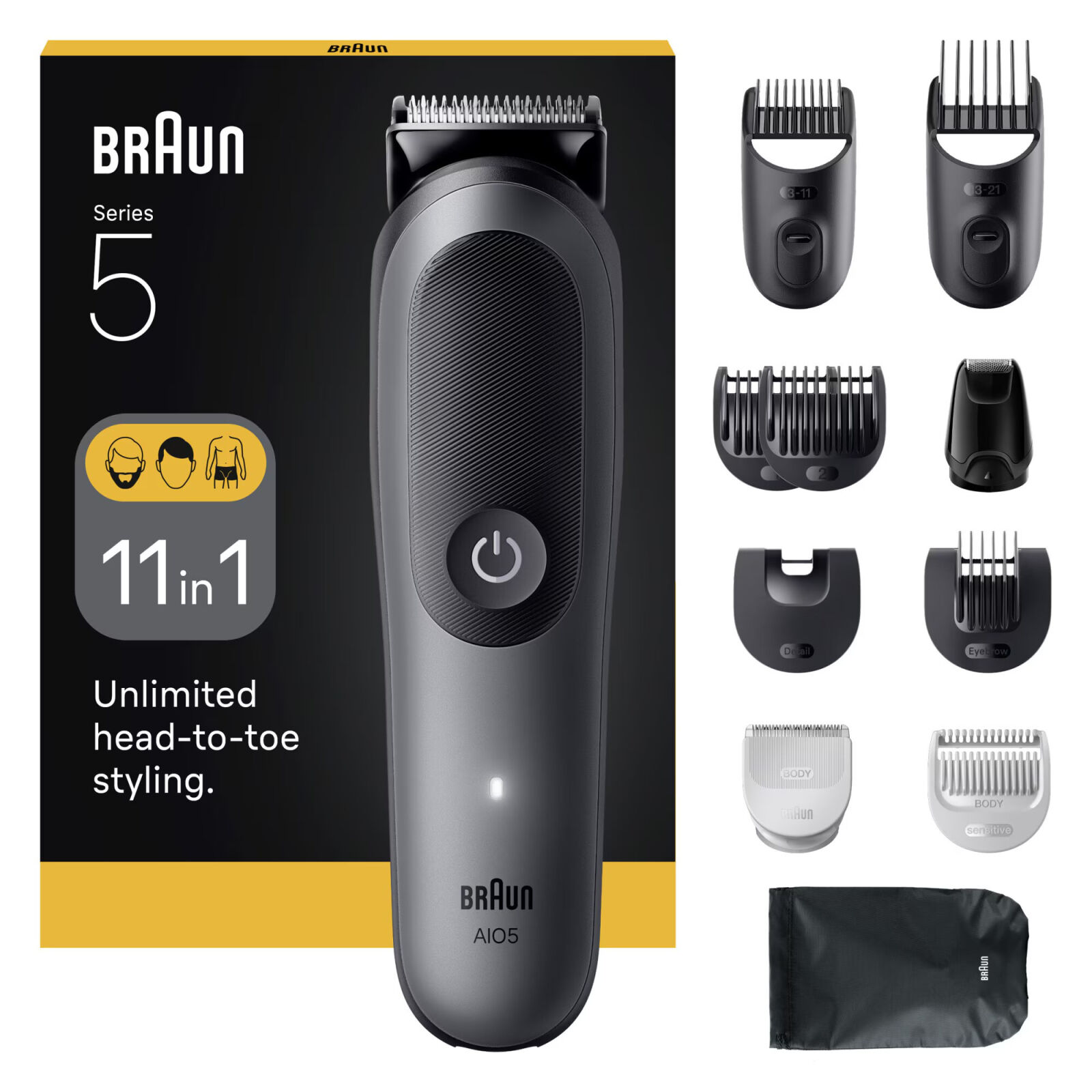Многофункционален тример Braun All-in-One Series 5 AIO5560, 11 в 1, ултра остро ножче, 7 гребена, 1 мини бръснеща глава, 1 тримерна глава SkinGuard, 1 четка за...