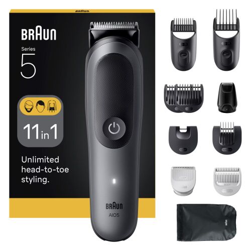 Braun All-in-One Series 5 AIO5560 multifunkciós trimmelő, 11 az 1-ben, ultraéles penge, 7 fésű, 1 mini borotvafej, 1 SkinGuard trimmelőfej, 1 tisztítókefe, 1 tasak, AquaGrip szakállvédő 146784346