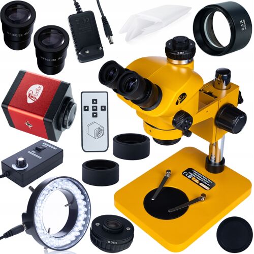 Mikroskop Trinokularowy 7-50× 102 mm z Kamerą FullHD HDMI/VGA + Soczewka Barlow 0.5× + Oświetlacz LED 56x | Profesjonalny Zestaw do Inspekcji i Lutowania Elektroniki 146790046