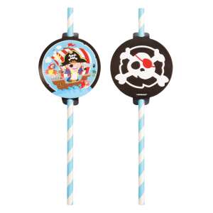 Amscan 9908226 Pirate Party Paper Straws, 10 count, blue and white striped straws with pirate ship and skull and crossbones designs - Straw