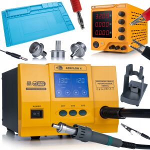 Rosfix ProSet Airflow X 861DW LCD 1300W + AmpRush Zasilacz 32V 5A + Mata Silikonowa ESD 45x30cm 500°C - Zestaw serwisowy Hot Air + Zasilacz laboratoryjny + Podkładka do lutowania 146814818 - Forrasztógép