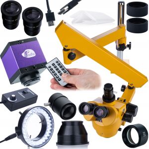 Mikroskop Trinokularowy na Wysięgniku 7-45× z Kamerą Panasonic HDMI HD + Soczewka Barlow 0.5× + Oświetlacz LED 56x | Profesjonalny Zestaw Serwisowy do Elektroniki i Inspekcji