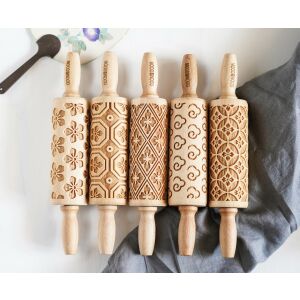 MoodForWood Fa Sodrófa 25 cm Fogantyúkkal, 5 Darabos Készlet, Gravírozott, Sütéshez Tökéletes - Kimono Minta 146822018 - Sodrófa & Nyújtófa