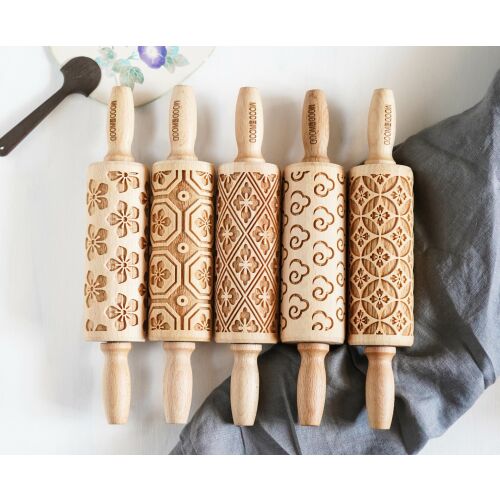 MoodForWood Fa Sodrófa 25 cm Fogantyúkkal, 5 Darabos Készlet, Gravírozott, Sütéshez Tökéletes - Kimono Minta 146822018