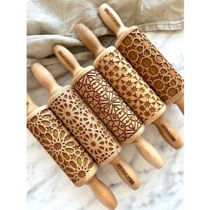 MoodForWood Fa Sodrófa 25 cm Fogantyúkkal, 5 Darabos Készlet, Gravírozott, Sütéshez Tökéletes - Mozaik Minta 146822026 - Sodrófa & Nyújtófa