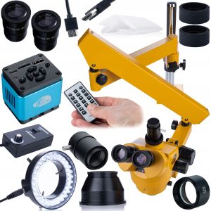 Mikroskop Trinokularowy na Wysięgniku 7-45× z Kamerą USB-C Sony 4K + Soczewka Barlow 0.5× + Oświetlacz LED 56x | Zestaw Inspekcyjny do Elektroniki i Precyzyjnych Prac Technicznych