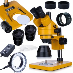 HQ StereoSet Pro 7-45x TrinoZoom | Mikroskop trinokularny z Barlow 0.5× i oświetleniem LED 56D | Do inspekcji, lutowania, serwisu elektroniki | Powiększenie 7-45× | Trzecie wyjście na kamerę | Zestaw gotowy do pracy