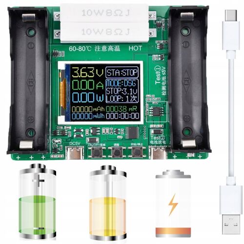 LCD akkumulátorkapacitás- és ellenállásmérő 18650 USB-C cellákhoz