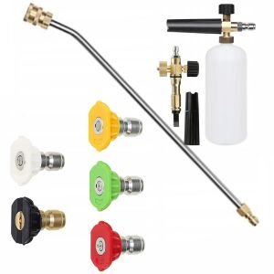 Rosfix 5 db gyorscsatlakozós fúvóka készlet nagynyomású mosókhoz (0°, 15°, 25°, 40°, 60°) + nagynyomású mosólándzsa 1/4"" 34cm hajlított 30° + habosító 1000ml