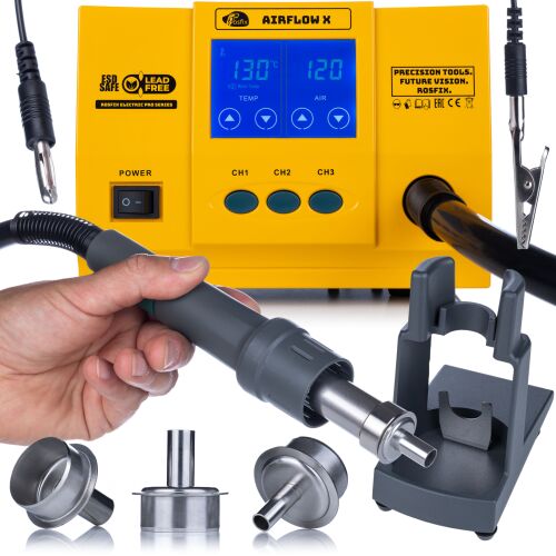 AirFlow X Rosfix 1300W Érintőképernyős LCD TurboPro - SMD Forrasztóállomás | 3 Csatorna | Érintőképernyő | Kefe nélküli turbina | Automatikus alvó üzemmód | Ólommentes