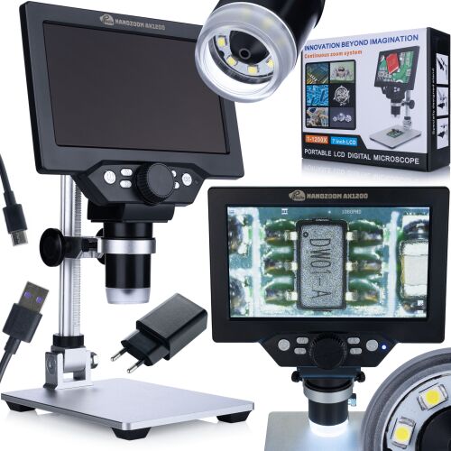 Rosfix NanoZoom AX1200 - 7"-os LCD digitális mikroszkóp | 12MP | 1080p Full HD | 1200x nagyítás | LED | USB | microSD | Alumínium állvány | Lengyel nyelv 146835816
