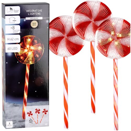 3x Lampka Lizak Świąteczna Zewnętrzna Ogrodowa Wbijana Lampki 60 LED 62 cm