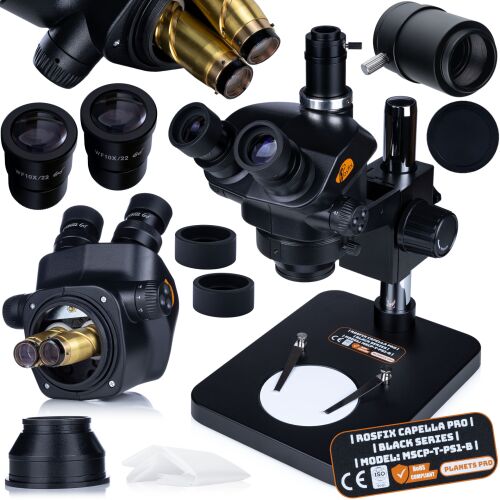 Rosfix Capella Pro MSCP-T-PS1-B - Trinokuláris sztereó mikroszkóp 7-45x | Zoom 0,7-5x | Greenough Optics | 360°-os fej | C-rögzítés 25 mm | 146839615