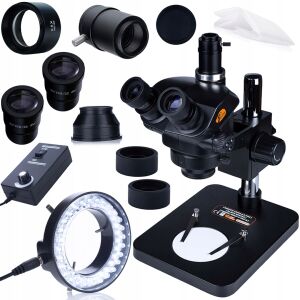 Mikroskop trinokularowy z Barlow 0,5x i LED 56 | Do elektroniki, napraw SMT, inspekcji | Głowica C-Mount | Zoom optyczny | Regulowane światło