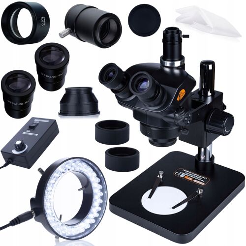Mikroskop trinokularowy z Barlow 0,5x i LED 56 | Do elektroniki, napraw SMT, inspekcji | Głowica C-Mount | Zoom optyczny | Regulowane światło