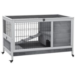 PawHut Fa Nyúl és Tengerimalac Ketrec Házzal és Rámpával, 90x53x59 cm, Szürke 146853783 - Kennel, ketrec, kalitka, kiegészítők