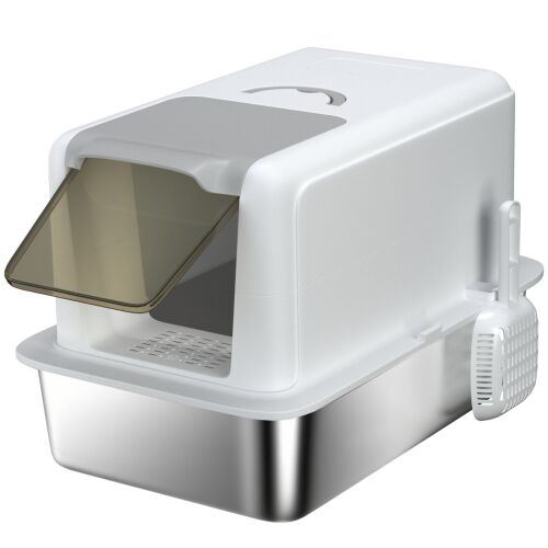 PawHut zárt macskaalom doboz rozsdamentes acél tálcával, kanállal és szűrőzsákokkal, PP cicaalom, 40,5x60,5x41,5 cm, fehér és ezüst 146854029