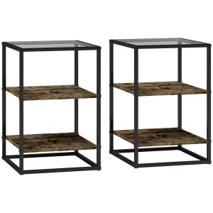 HOMCOM 2 db-os 3-szintes kisasztal szett magasított talppal, fa, fém és edzett üveg asztallap, 37x40x55,5 cm, barna 146854170 - Éjjeliszekrény