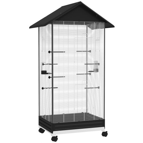 PawHut Madárkalitka, Kivehető Tálcával, Forgókerekekkel és Etetővel, 79x65x155 cm, Fekete 146854383