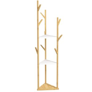 HOMCOM Bambusz Padló Akasztó Fa Formában 8 Akasztóval és 3 Polccal, 45x45x170 cm, Fehér 146854559 - Fogas