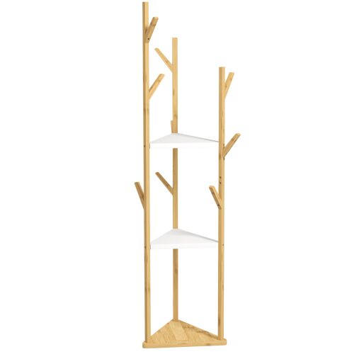 HOMCOM Bambusz Padló Akasztó Fa Formában 8 Akasztóval és 3 Polccal, 45x45x170 cm, Fehér 146854559