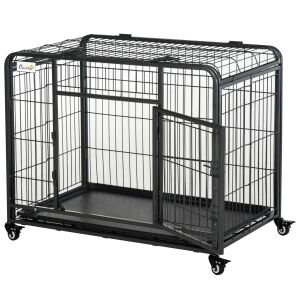 PawHut Összecsukható kutyakennel, dupla ajtó zárral, 4 fékes kerékkel és levehető aljjal, 109,5x71x78cm, fekete 146855271 - Kutya kennel & Kifutó