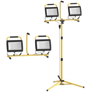 HOMCOM Időjárásálló LED munkalámpa két fejjel és háromlábú állvánnyal, 75x62x170 cm, sárga 146855685 - Munkalámpa